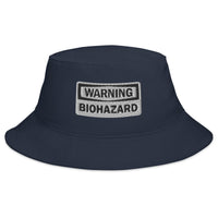 Navy bucket hat with Warning Sign Bio Hazard Zombie Apocalypse embroidered artwork, front view