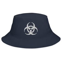 Navy bucket hat with White Bio Hazard Symbol Warning Sign embroidered artwork, front view