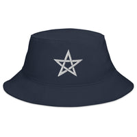 Navy bucket hat with White Wiccan Woven Pentagram Symbol embroidered artwork, front view