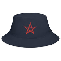 Navy bucket hat with Red Wiccan Woven Pentagram Symbol embroidered artwork, front view