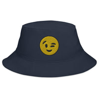Navy bucket hat with Winking Face Emoji embroidered artwork, front view