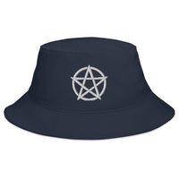 Navy bucket hat with White Witchcraft Woven Pentacle Pagan Ritual embroidered artwork, front view