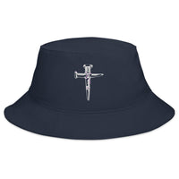 Navy bucket hat with Wooden Stakes Cross embroidered artwork, front view
