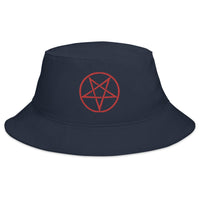 Navy bucket hat with Red Woven Inverted Pentagram Symbol embroidered artwork, front view