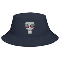 Navy bucket hat with WWII Era Bio Hazard Gas Mask embroidered artwork, front view