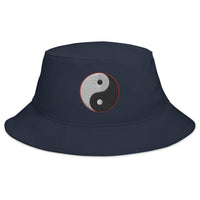 Navy bucket hat with Yin and Yang Chinese Symbol embroidered artwork, front view