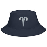 Navy bucket hat with Zodiac Sign Aries embroidered artwork, front view