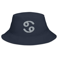 Navy bucket hat with Zodiac Sign Cancer embroidered artwork, front view