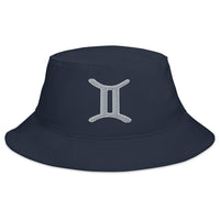 Navy bucket hat with Zodiac Sign Gemini embroidered artwork, front view