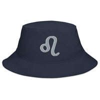 Navy bucket hat with Zodiac Sign Leo embroidered artwork, front view