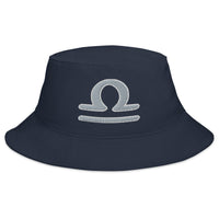 Navy bucket hat with Zodiac Sign Libra embroidered artwork, front view