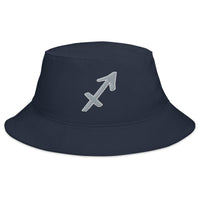 Navy bucket hat with Zodiac Sign Sagittarius embroidered artwork, front view