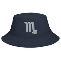 Navy bucket hat with Zodiac Sign Scorpio embroidered artwork, front view