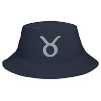 Navy bucket hat with Zodiac Sign Taurus embroidered artwork, front view