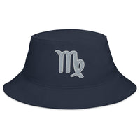 Navy bucket hat with Zodiac Sign Virgo embroidered artwork, front view