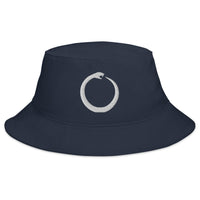 Navy bucket hat with Ouroboros Snake Eating Tail Alchemy Symbol embroidered artwork, front view