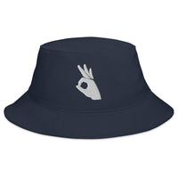 Navy bucket hat with Okay Sign Hand Gesture Symbol embroidered artwork, front view