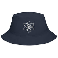 Navy bucket hat with Atomic Nucleus Symbol Nuclear Power embroidered artwork, front view