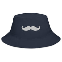 Navy bucket hat with Classic Handlebar Mustache embroidered artwork, front view