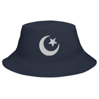 Navy bucket hat with Star and Crescent Moon Ancient Symbol embroidered artwork, front view