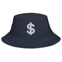Navy bucket hat with The Almighty US Dollar Sign Symbol of Money embroidered artwork, front view