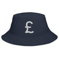 Navy bucket hat with The British Pound Sterling Symbol Money Currency embroidered artwork, front view