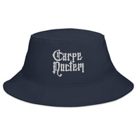 Navy bucket hat with Carpe Noctem Seize The Night Vampire embroidered artwork, front view