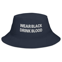 Navy bucket hat with Wear Black Drink Blood embroidered artwork, front view