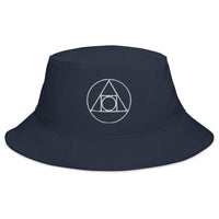 Navy bucket hat with Philosopher's Stone Alchemy Symbol embroidered artwork, front view
