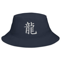 Navy bucket hat with Japanese Kanji for Dragon Anime Symbol embroidered artwork, front view