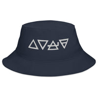 Navy bucket hat with Fire Water Wind Earth The Four Elements of Matter embroidered artwork, front view