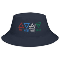 Navy bucket hat with Four Elements of Matter: Fire, Water, Wind, Earth embroidered artwork, front view