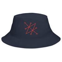 Navy bucket hat with Red Sigil of Fallen Angel Azazel Occult Symbol embroidered artwork, front view