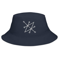 Navy bucket hat with White Sigil of Fallen Angel Azazel Occult Symbol embroidered artwork, front view