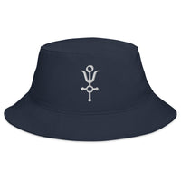 Navy bucket hat with Antimony Alchemy Protection Symbol embroidered artwork, front view