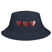 Navy bucket hat with 3 Heart Meter Retro 8 Bit Video Game Pixelated embroidered artwork, front view