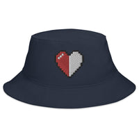 Navy bucket hat with Retro 8 Bit Video Game Pixelated Half Life Heart embroidered artwork, front view