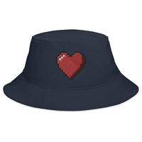 Navy bucket hat with Retro 8 Bit Video Game Pixelated Heart embroidered artwork, front view