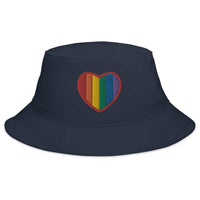 Navy bucket hat with Gay Pride Rainbow Colors Heart embroidered artwork, front view
