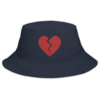 Navy bucket hat with Red Broken Heart Valentine's Day embroidered artwork, front view