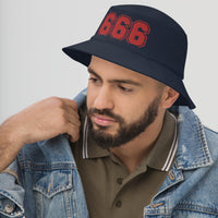 Navy bucket hat with Red 666 The Number of the Beast Evil embroidered artwork, left-front view
