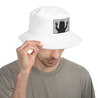 White bucket hat with "They're Here" Carol Anne Poltergeist embroidered artwork, front view