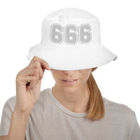 White bucket hat with White 666 The Number of the Beast Evil embroidered artwork, front view