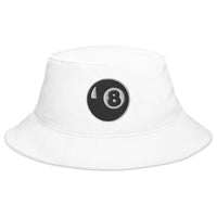 White bucket hat with 8 Ball Pool Billiards embroidered artwork, front view