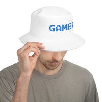 White bucket hat with 8 Bit Gamer embroidered artwork, front view