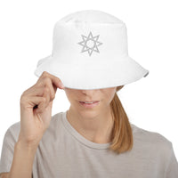 White bucket hat with White 8 Point Star Octagram Anu God of the Heavens Occult Symbol embroidered artwork, front view