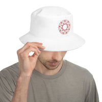 White bucket hat with Red 9 Point Star Pentagram Occult Symbol embroidered artwork, front view