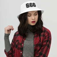 White bucket hat with Black 666 The Number of the Beast Evil embroidered artwork, front view