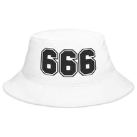 White bucket hat with Black 666 The Number of the Beast Evil embroidered artwork, front view