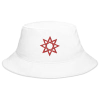 White bucket hat with Red 8 Point Star Octagram Anu God of the Heavens embroidered artwork, front view